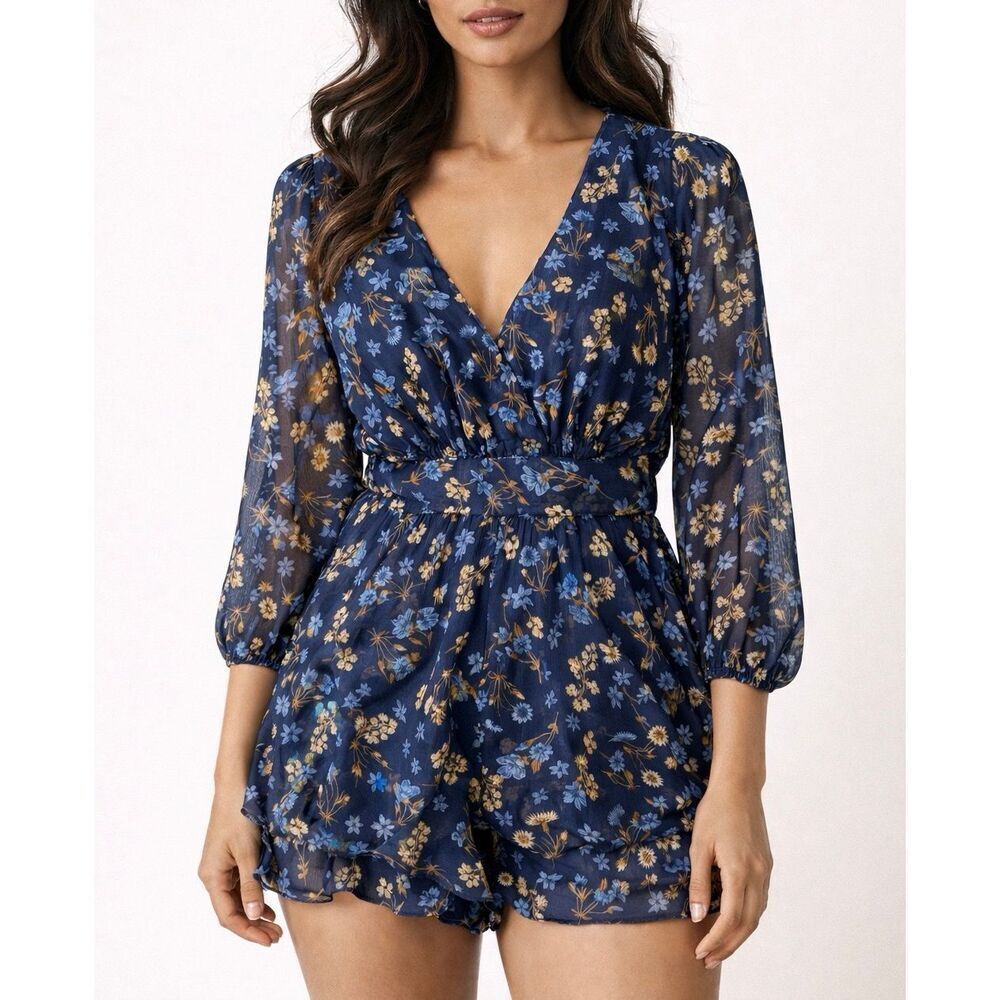 Saints + Secrets Romper Mini Ruffled Floral Navy Blue size Small